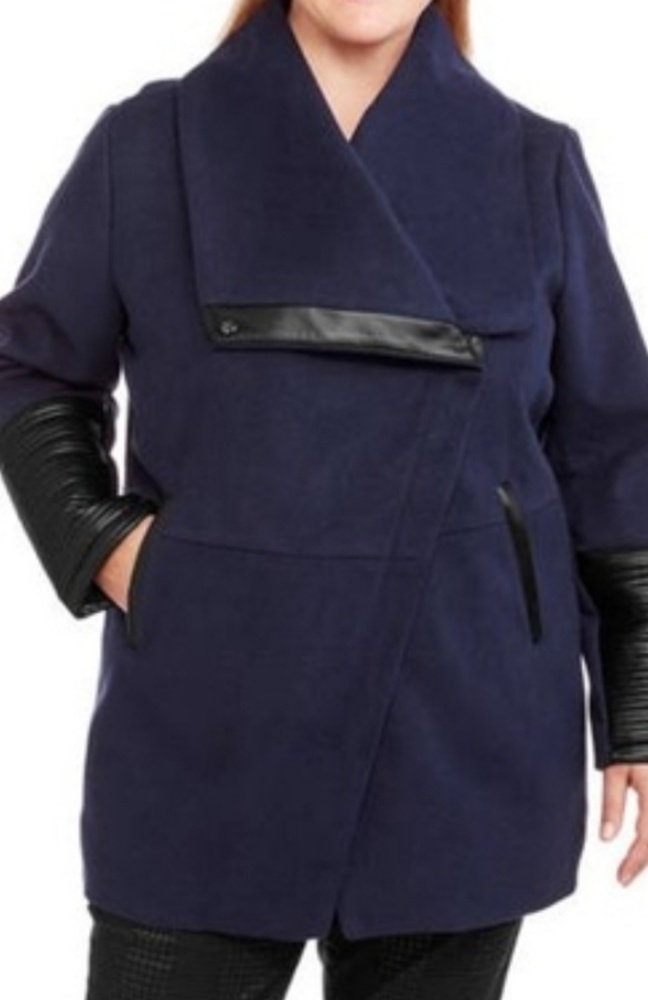 Faux wool moto winter coat w/faux leather trim
